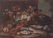 unknow artist Still life of a basket of flowers,fruit,lobster,fish and a cat,all upon a stone ledge France oil painting reproduction
